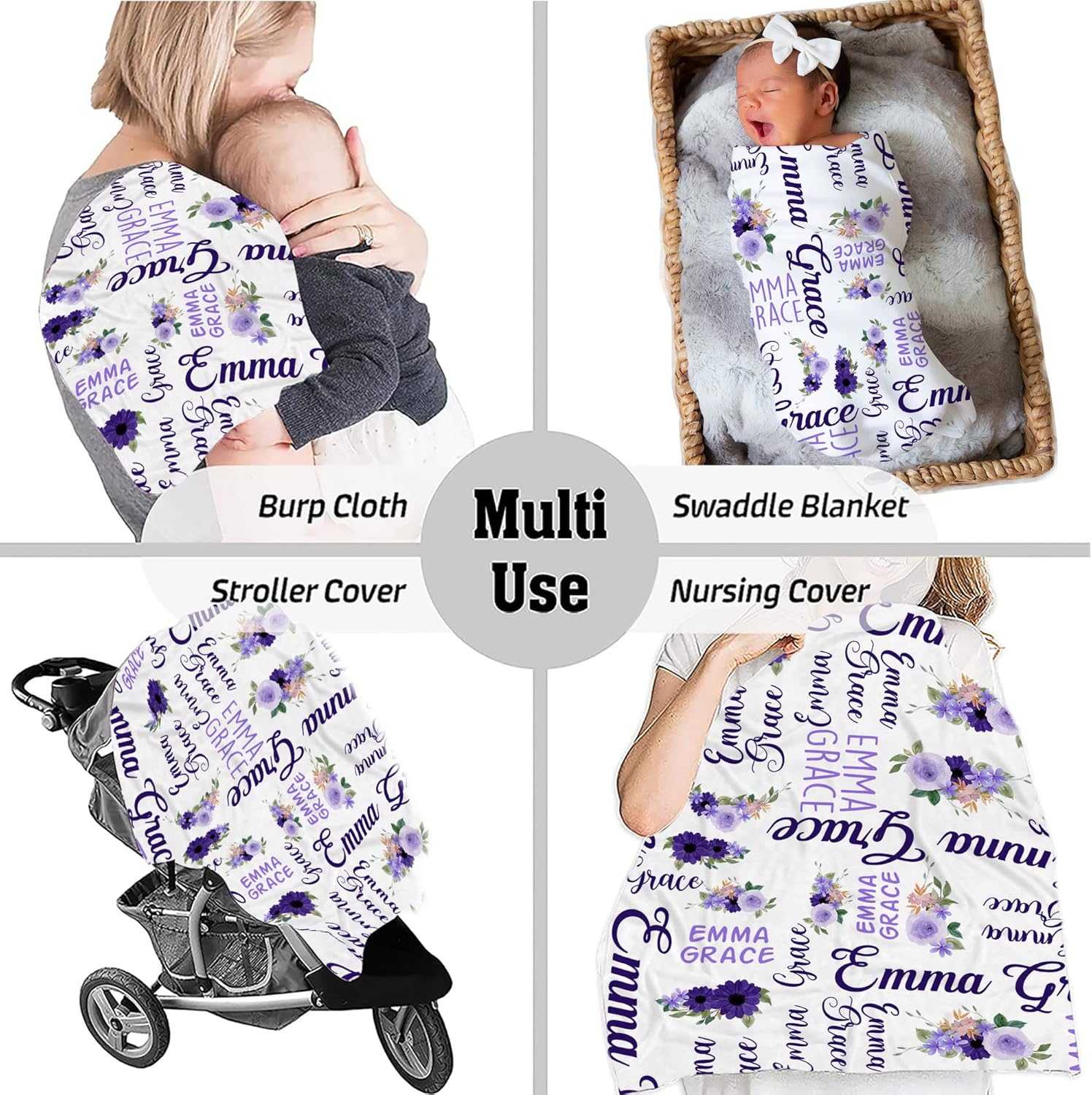 VibeCustom Purple Themed Monogram Baby Blanket