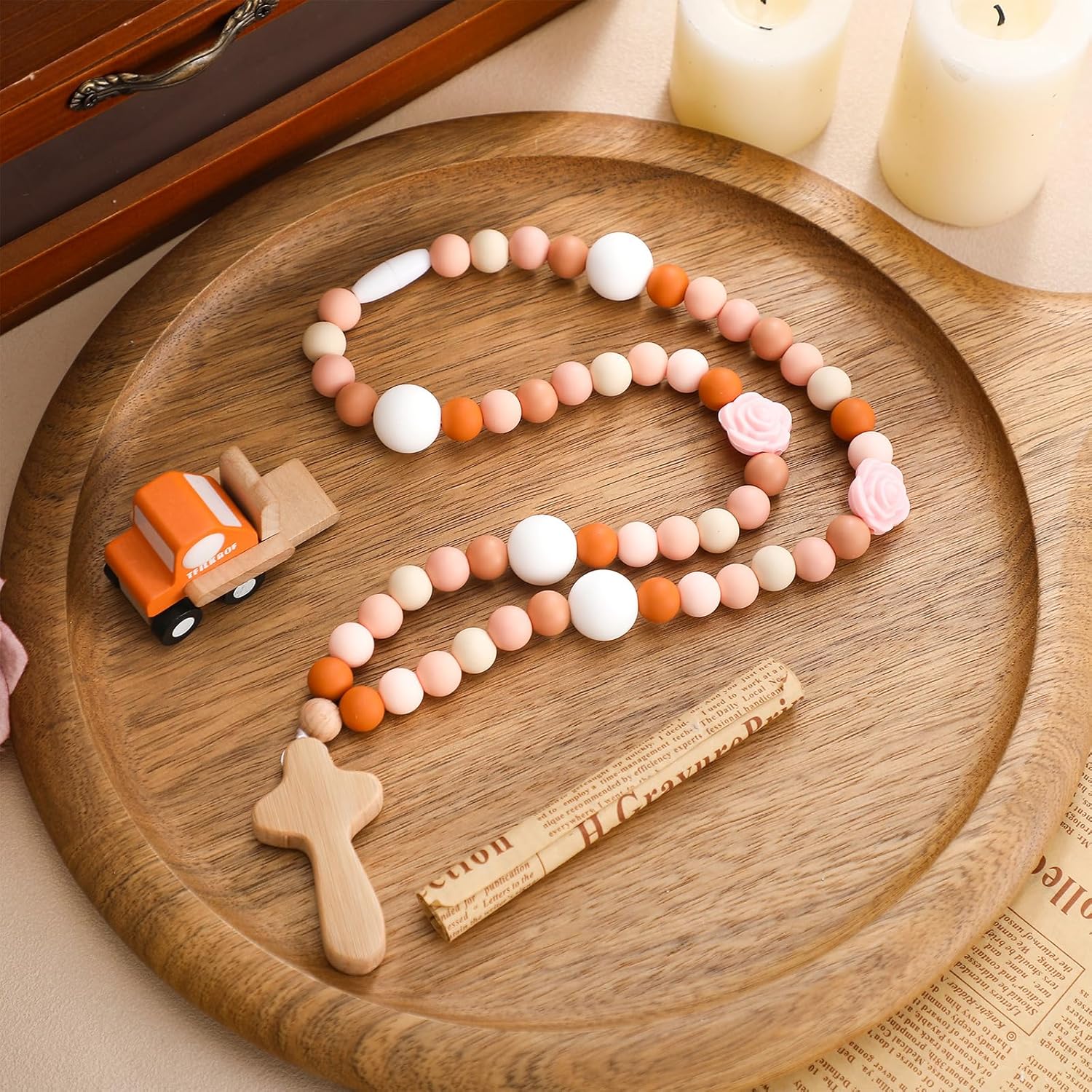 Misdary Baby Silicone Rosary Baptism Gift Pink Flowers 1