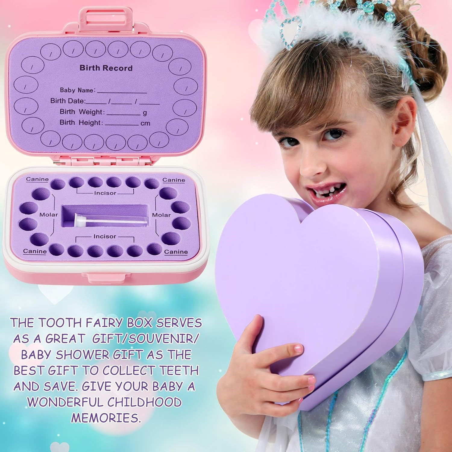 Jetec Baby Teeth Keepsake Box with Tweezer and Hair Container - Purple-Pink
