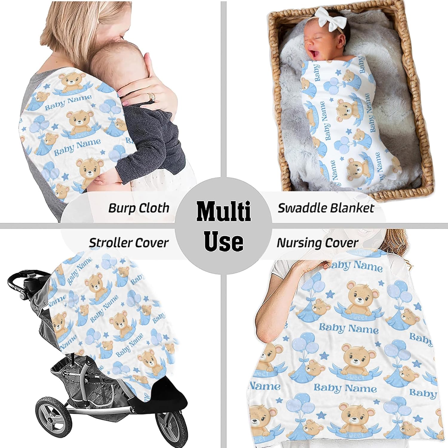 Personalized Bear Baby Blanket with Blue Balloons 1