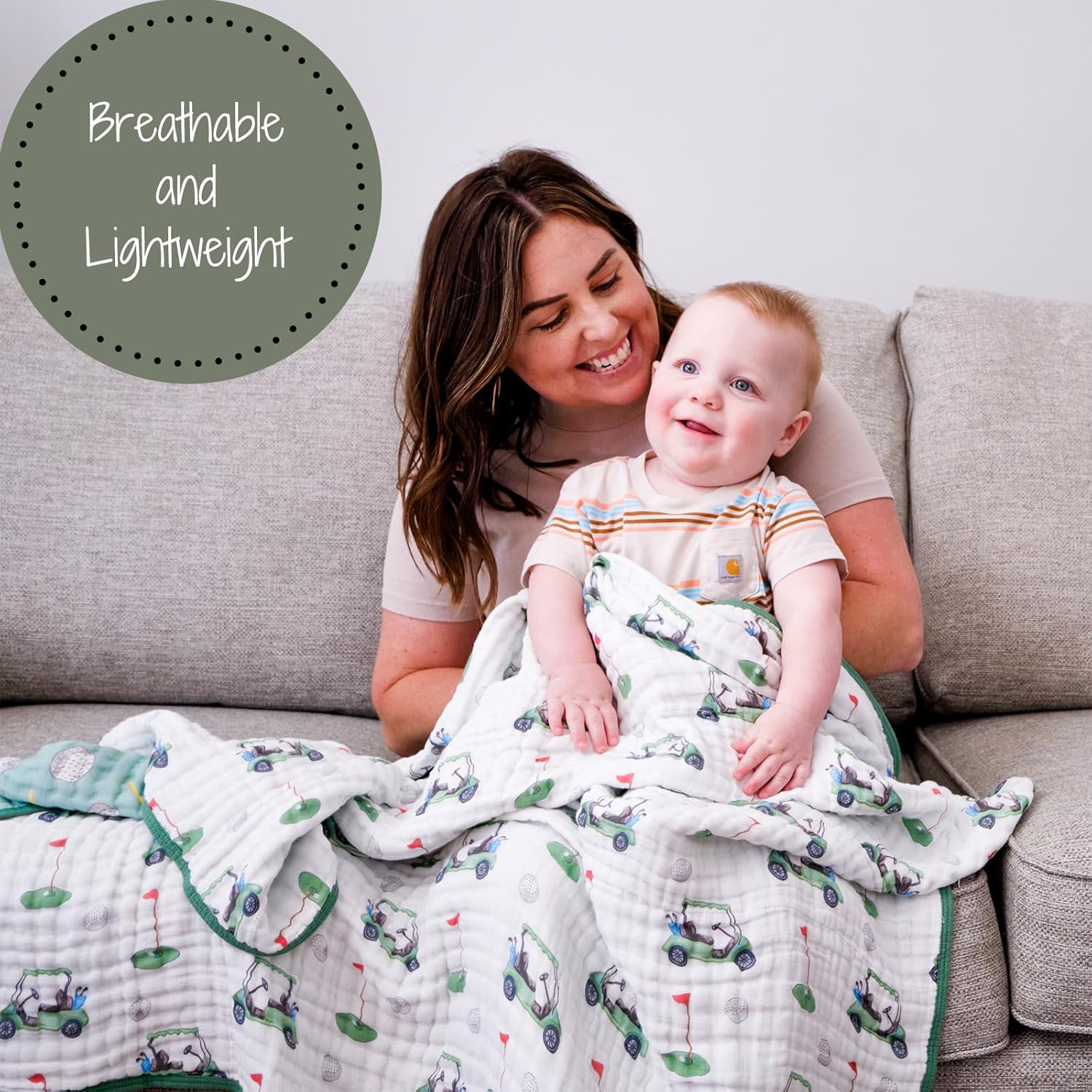 LollyBanks Golf Print Muslin Blanket 47x47 6 Layers Organic Cotton
