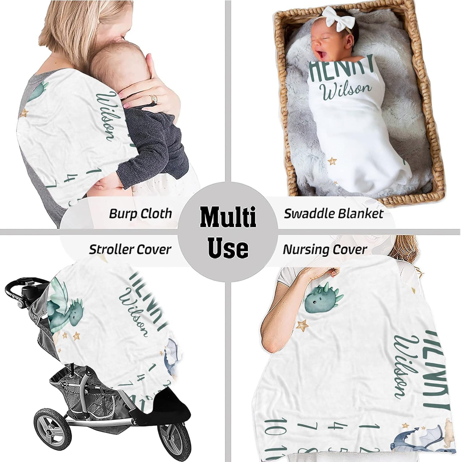 Personalized Dragon and Clouds Baby Blanket with Custom Name