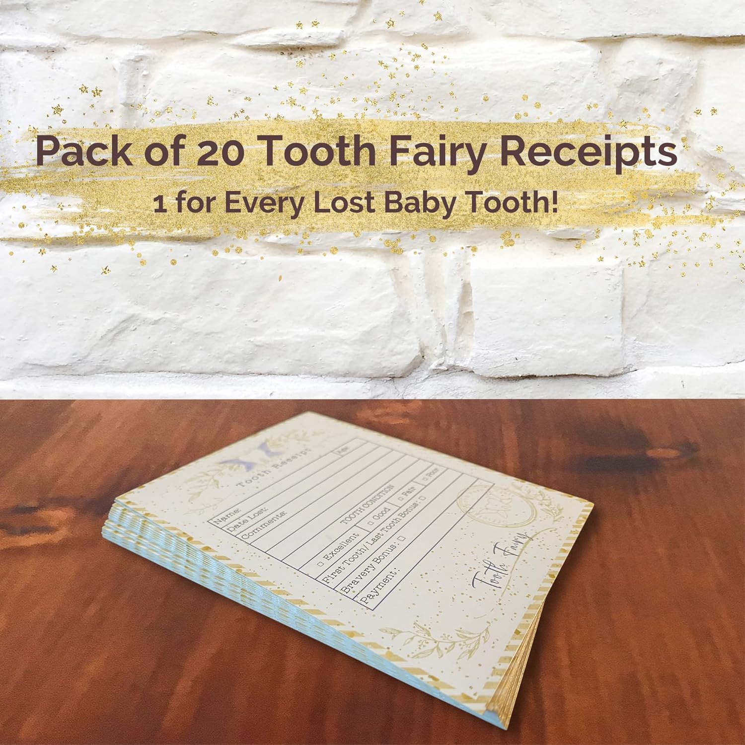 20 Tooth Fairy Receipt Cards Light Gold Bag