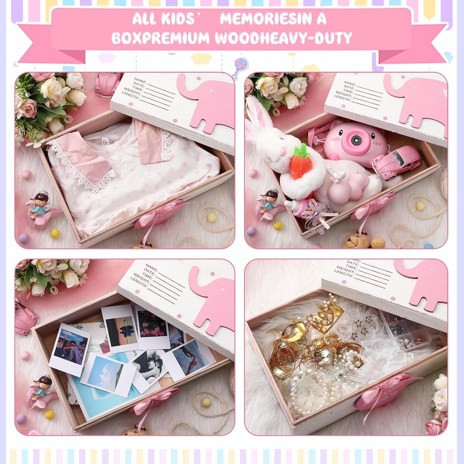 Soaoo 3D Wooden Baby Keepsake Box Pink