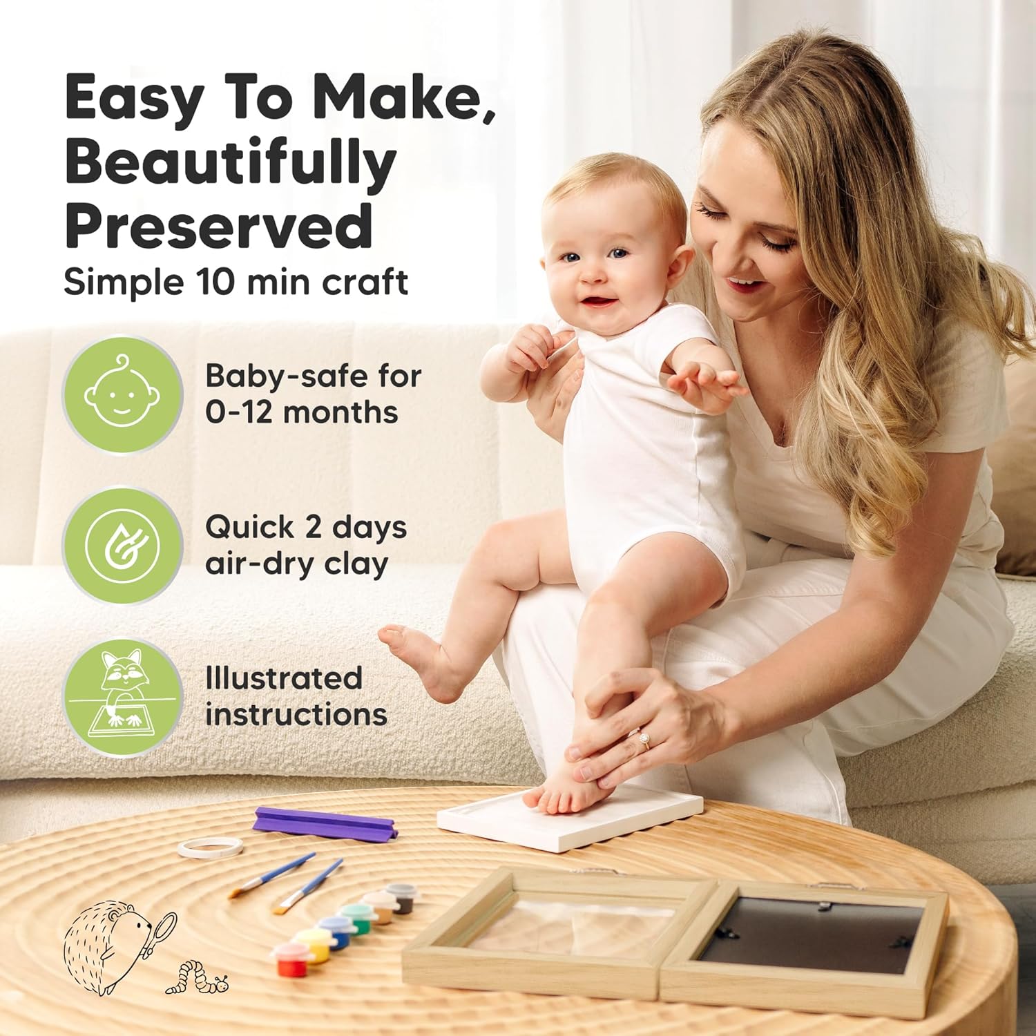 KeaBabies Personalized Hand Footprint Kit - Quick Dry Clay Ash Wood Frame