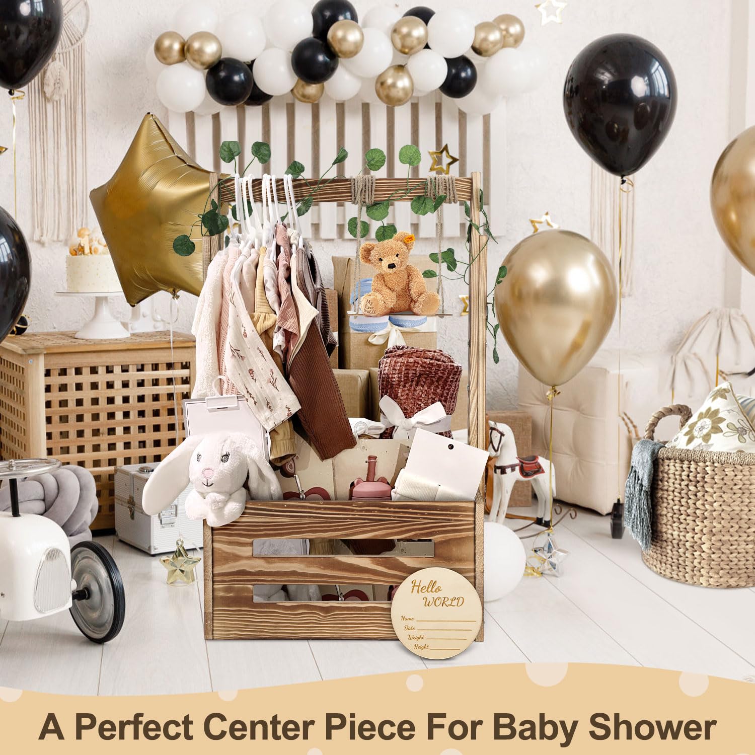 TAEYONK Wooden Baby Shower Crate with Hanger Rack and Handle