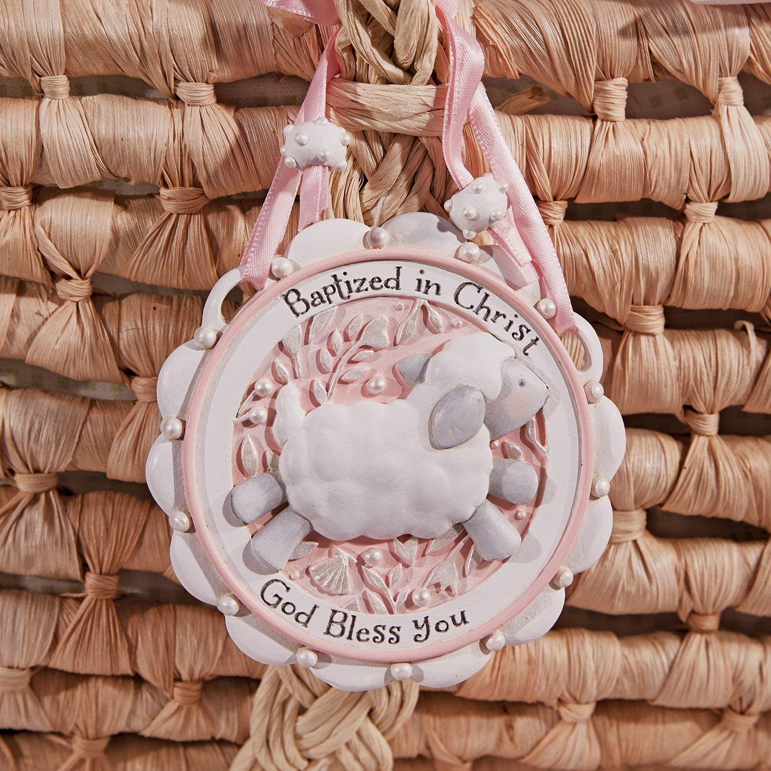Faithworks Baptized in Christ Resin Crib Medal 35-Inch Pink
