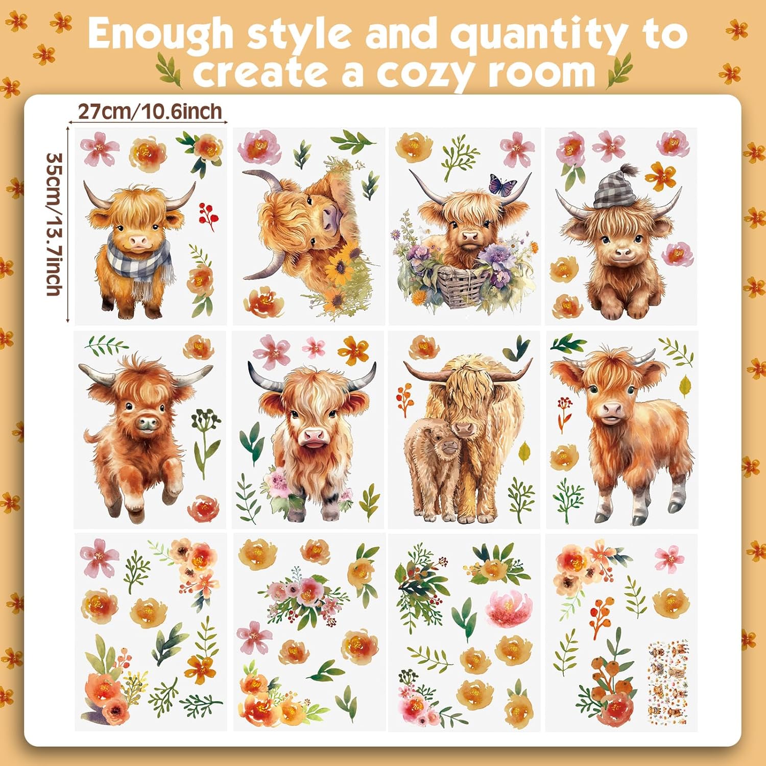 Yinder 12 Sheet 78 Pcs Highland Cow Wall Decals 1