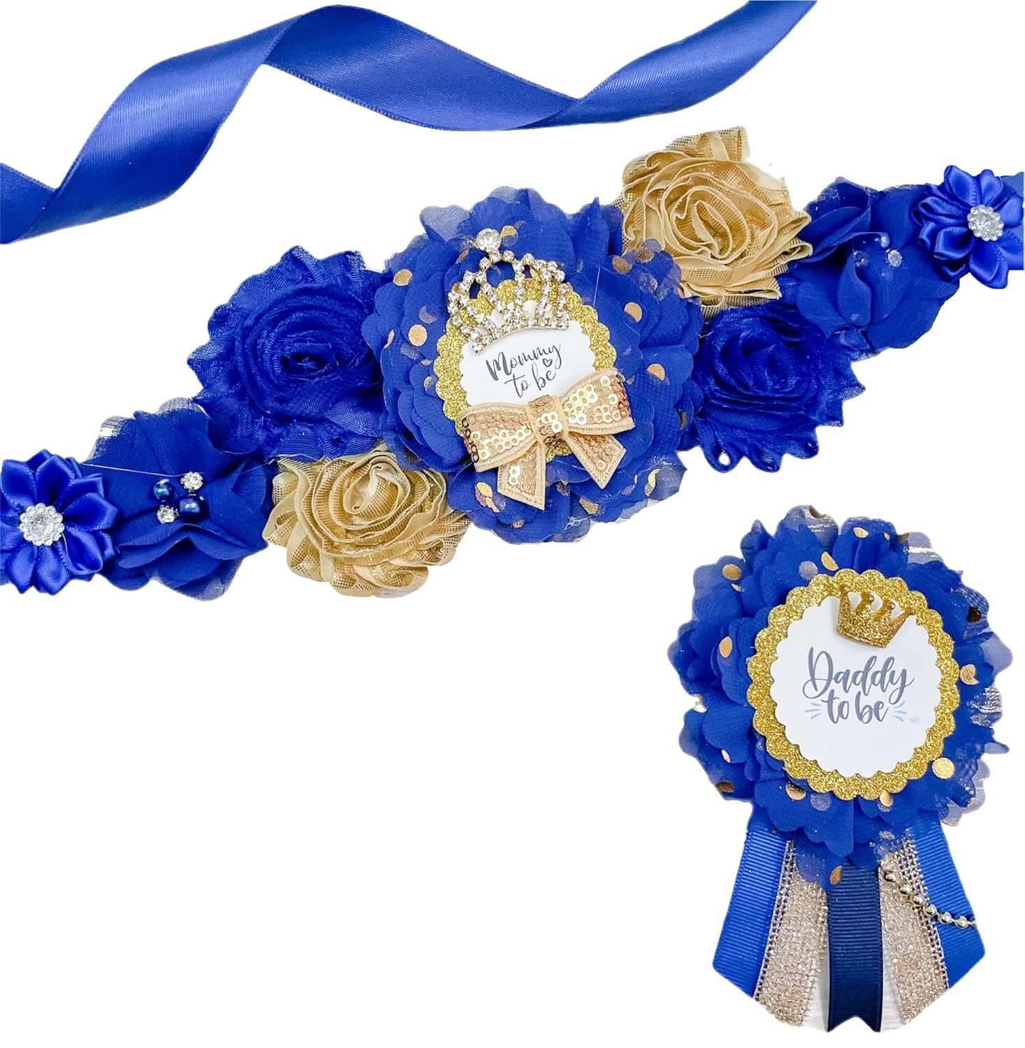 Prince Baby Shower Maternity Sash - Royal Blue and Gold