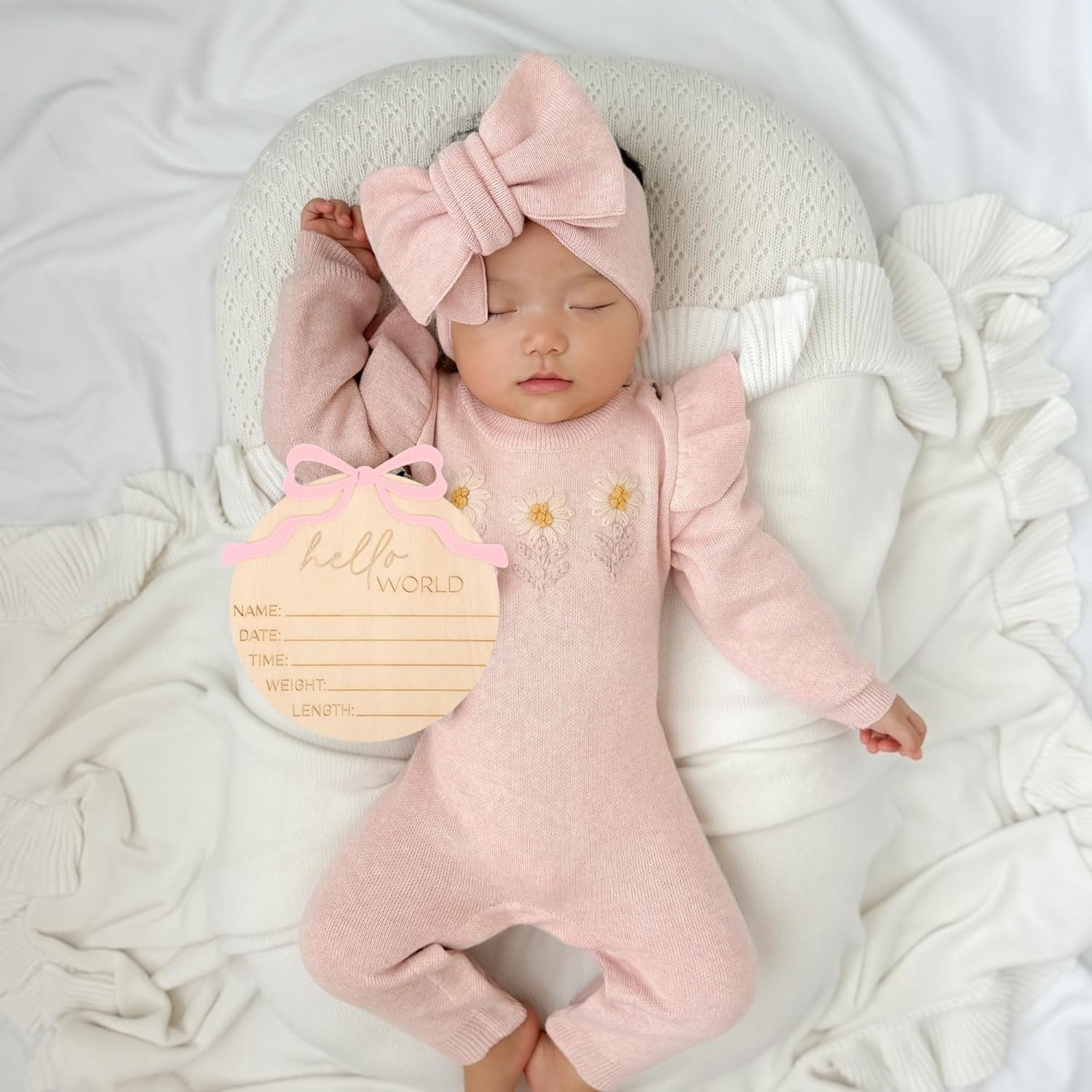 Newborn Welcome Sign with Pink Bow Wooden Design