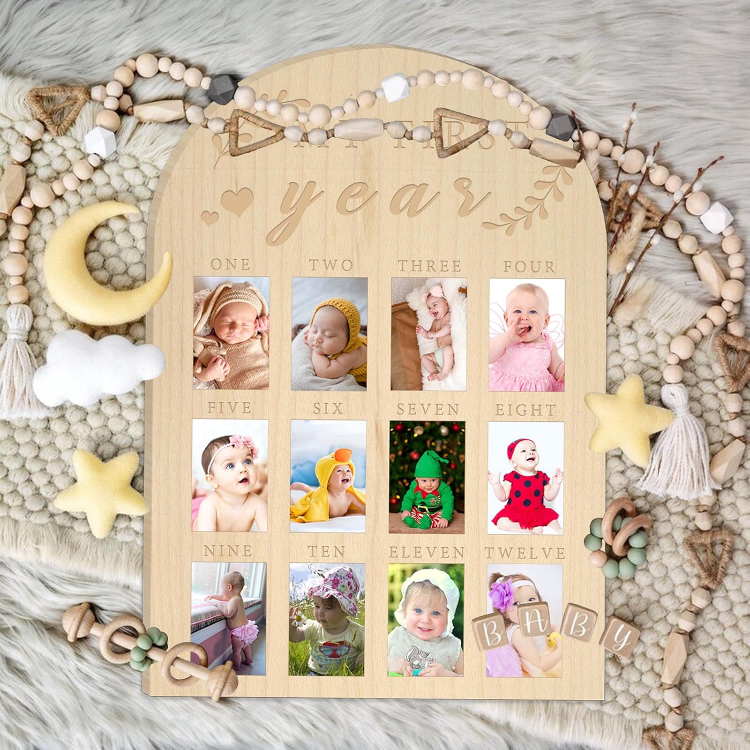 My First Year Photo Display Wood Board - 12 Months Baby Milestone Frame