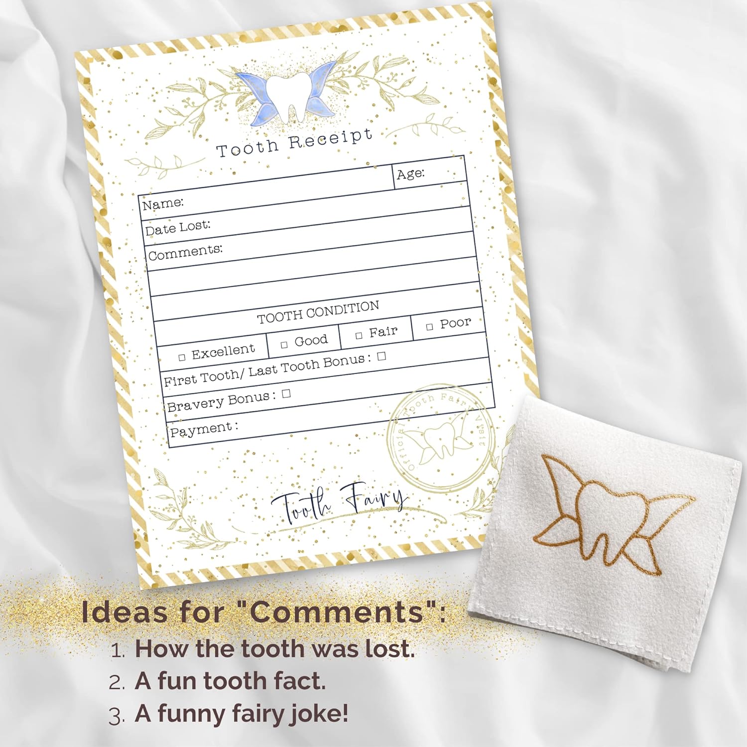 20 Tooth Fairy Receipt Cards Light Gold Bag