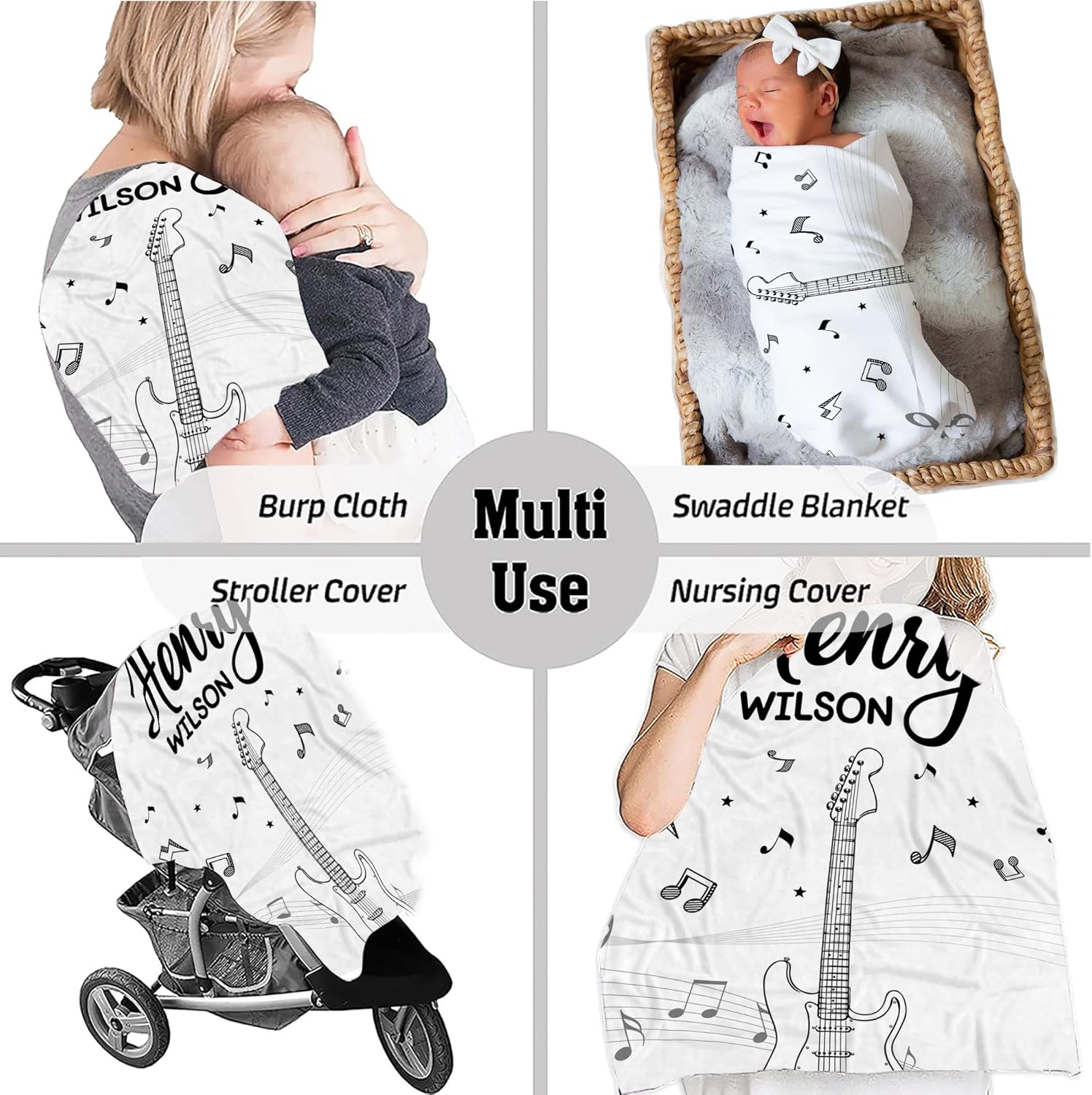 Personalized Music Baby Blanket with Custom Name and Guitar Design