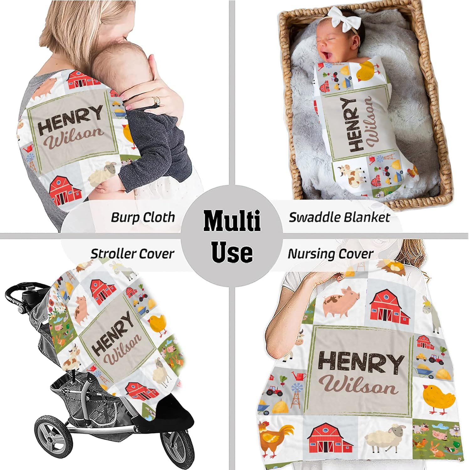 VibeCustom Personalized Farm Animal Baby Blanket