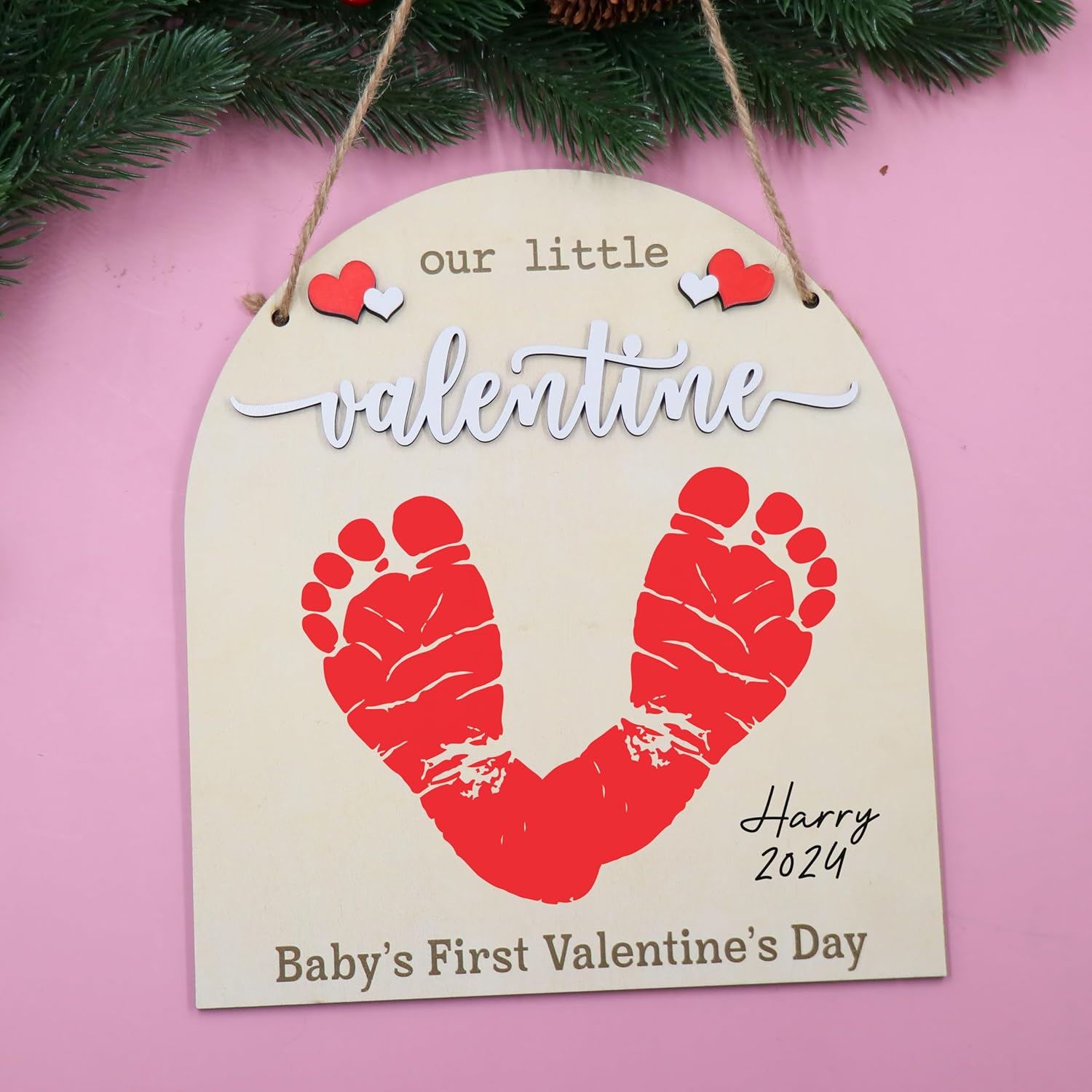 3D Wooden Valentines Day Footprint Sign with Hanging Rope