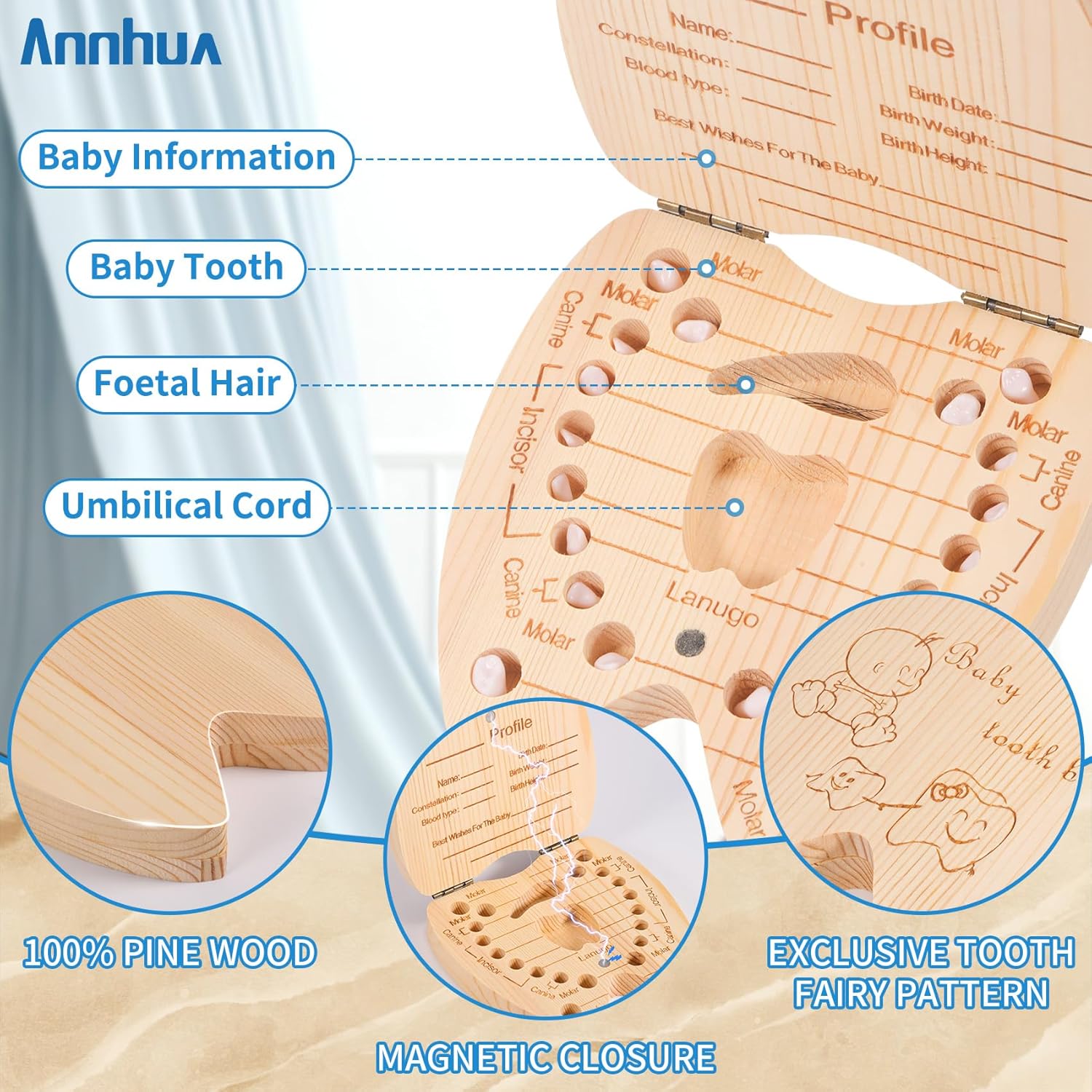 Annhua Wooden Baby Tooth Keepsake Box for Kids