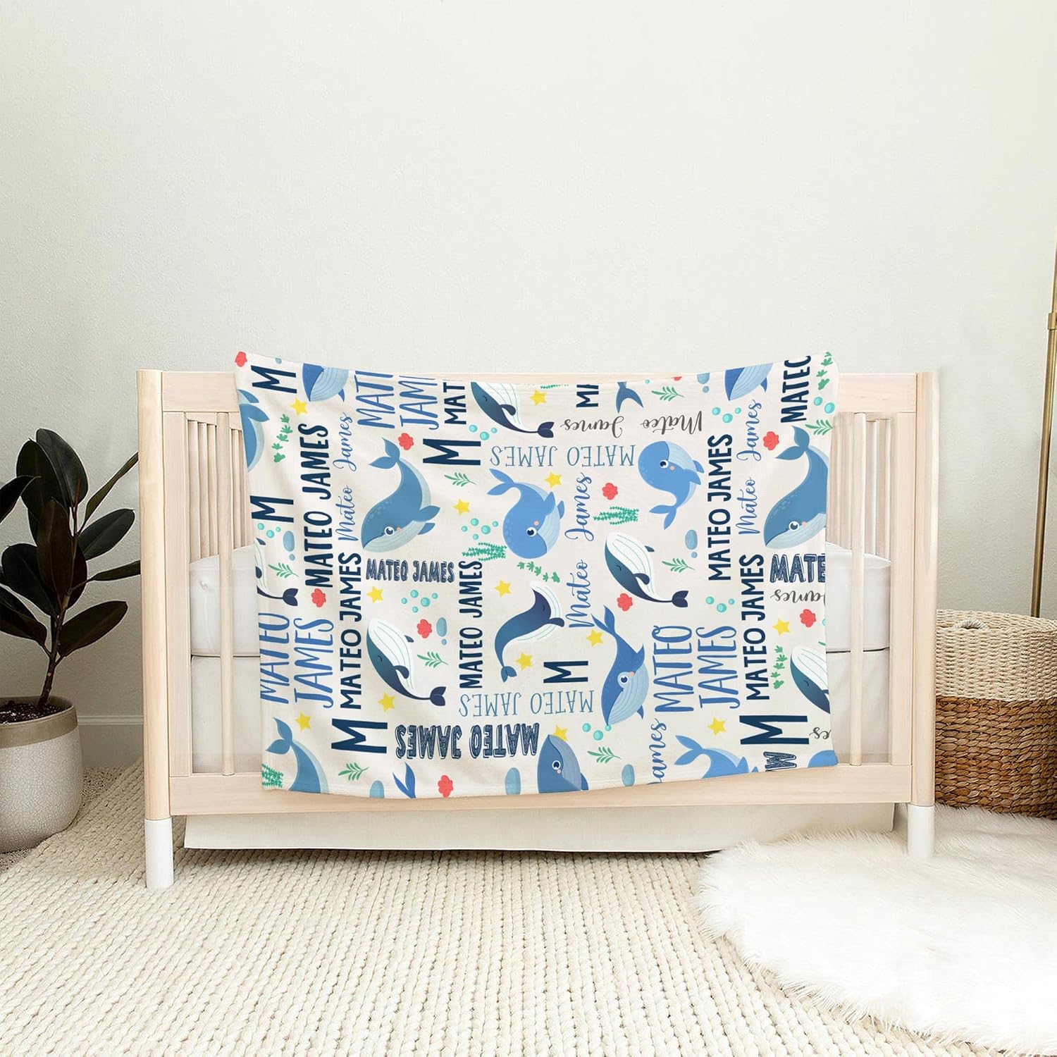 VibeCustom Ocean Whale Baby Blanket with Name