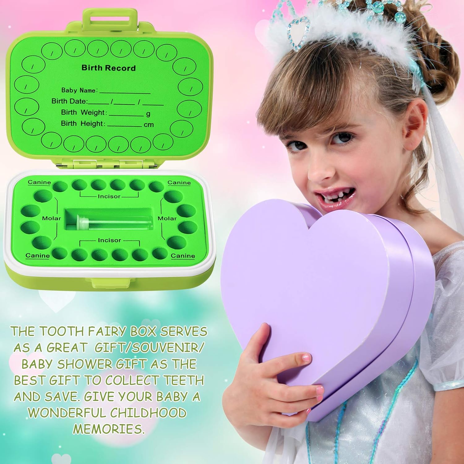 Jetec Baby Teeth Keepsake Box Set Green Blue