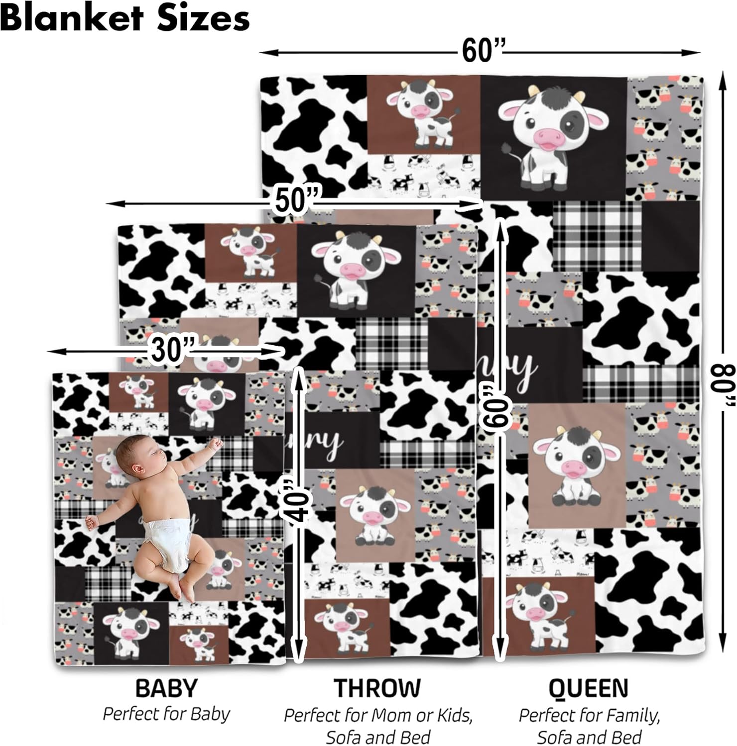 VibeCustom Personalized Cow Print Baby Blanket with Name