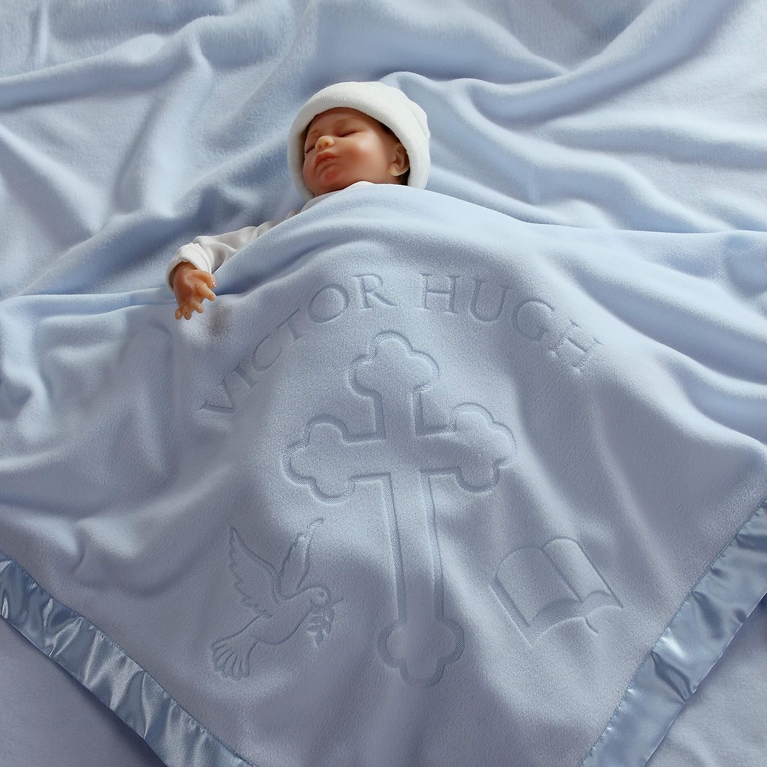 Custom Catch Personalized Baptism Baby Blanket for Boy - Blue 1 Text Line
