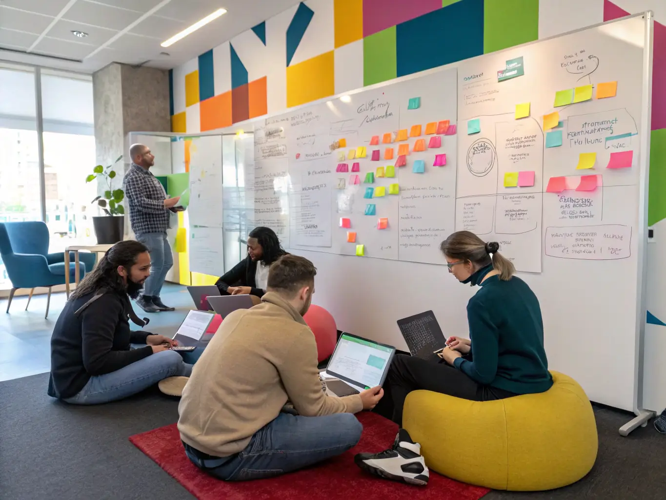 An image showcasing a team brainstorming digital transformation strategies in a modern office setting, emphasizing collaboration and innovation.
