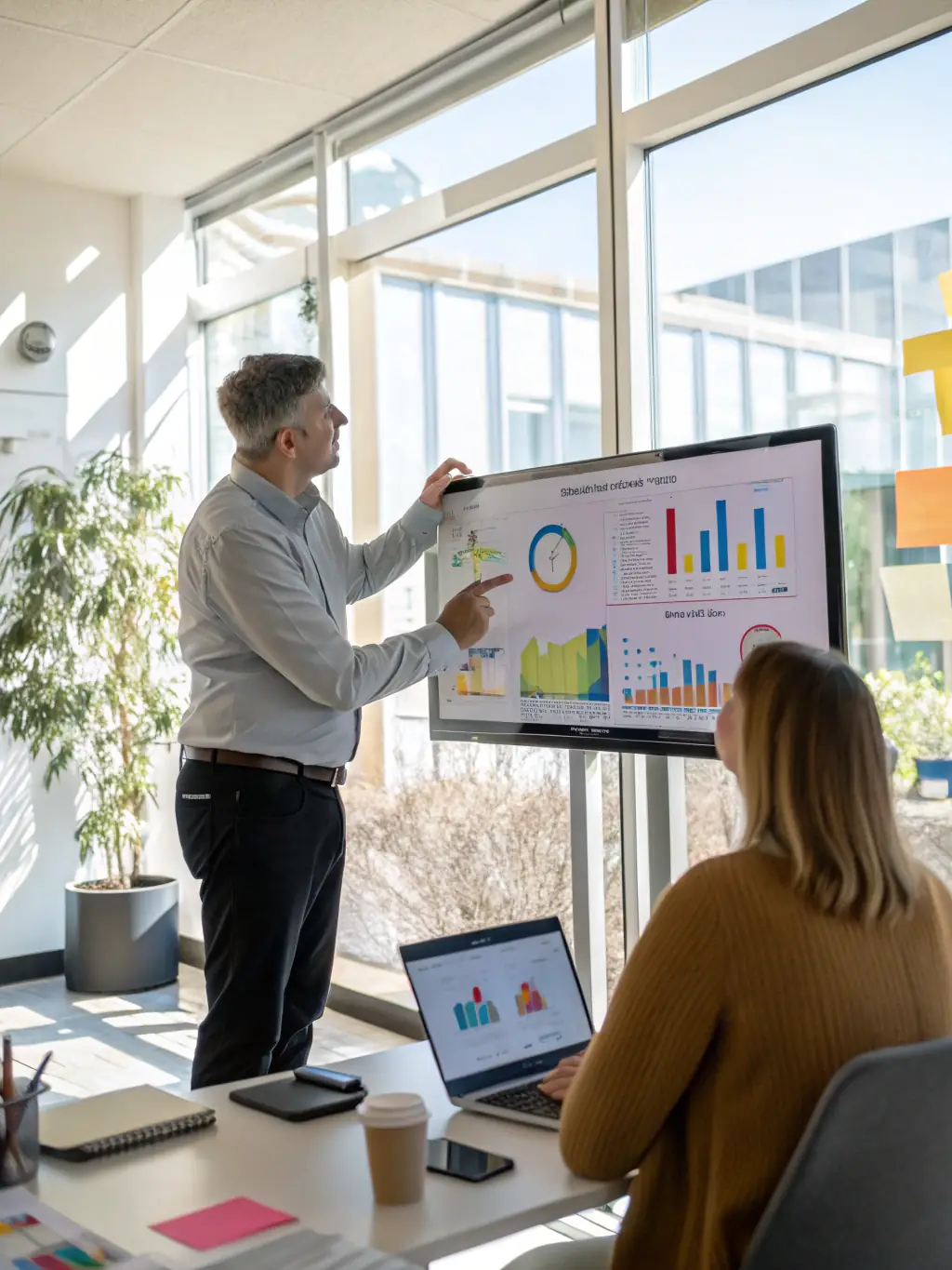 A professional consultant in a modern office setting, advising a client on digital transformation strategies, with charts and data visualizations in the background.