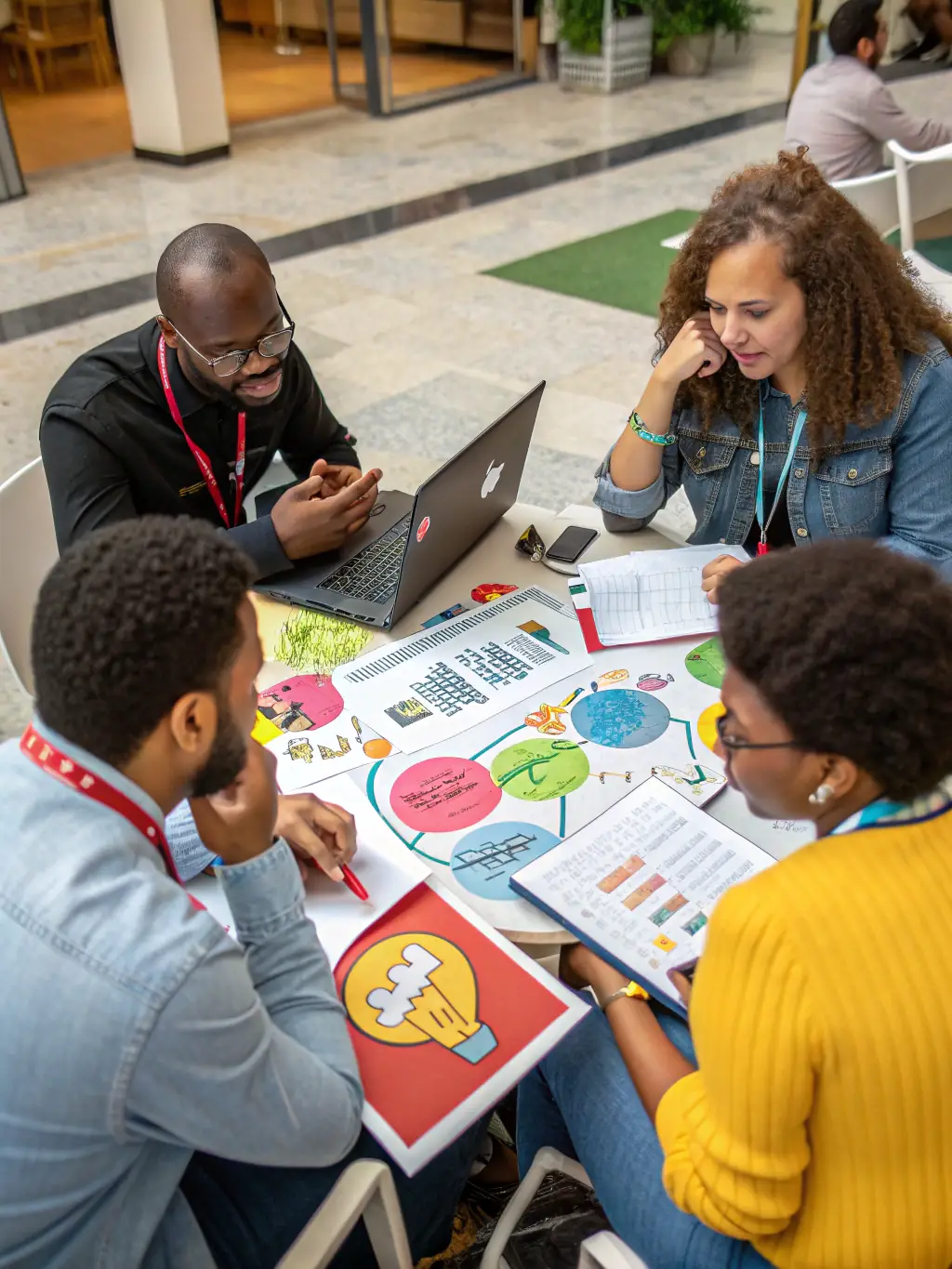 A team of consultants collaborating around a table, brainstorming strategic planning solutions for a client, with sticky notes and diagrams.