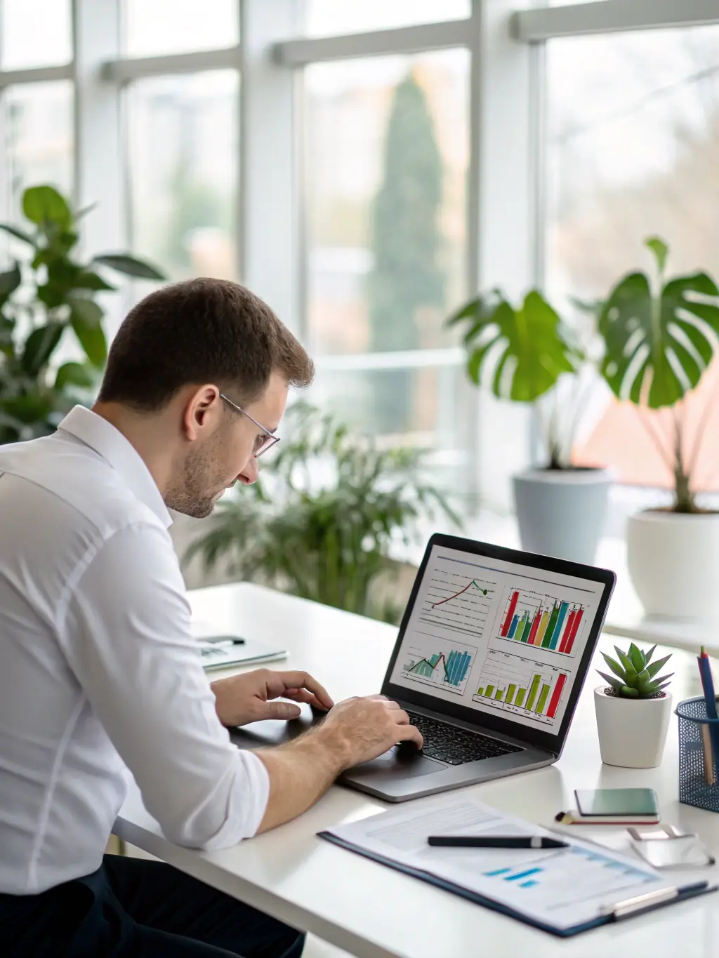 A consultant analyzing data analytics dashboards, providing insights and recommendations to a client for improved business performance.