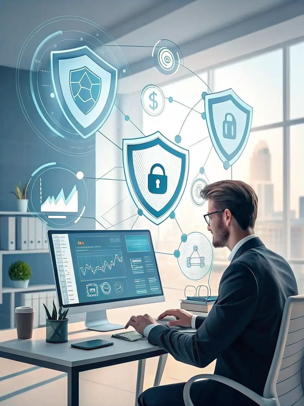 A consultant presenting a cybersecurity solution to a client, showcasing network security diagrams and threat detection tools on a screen.