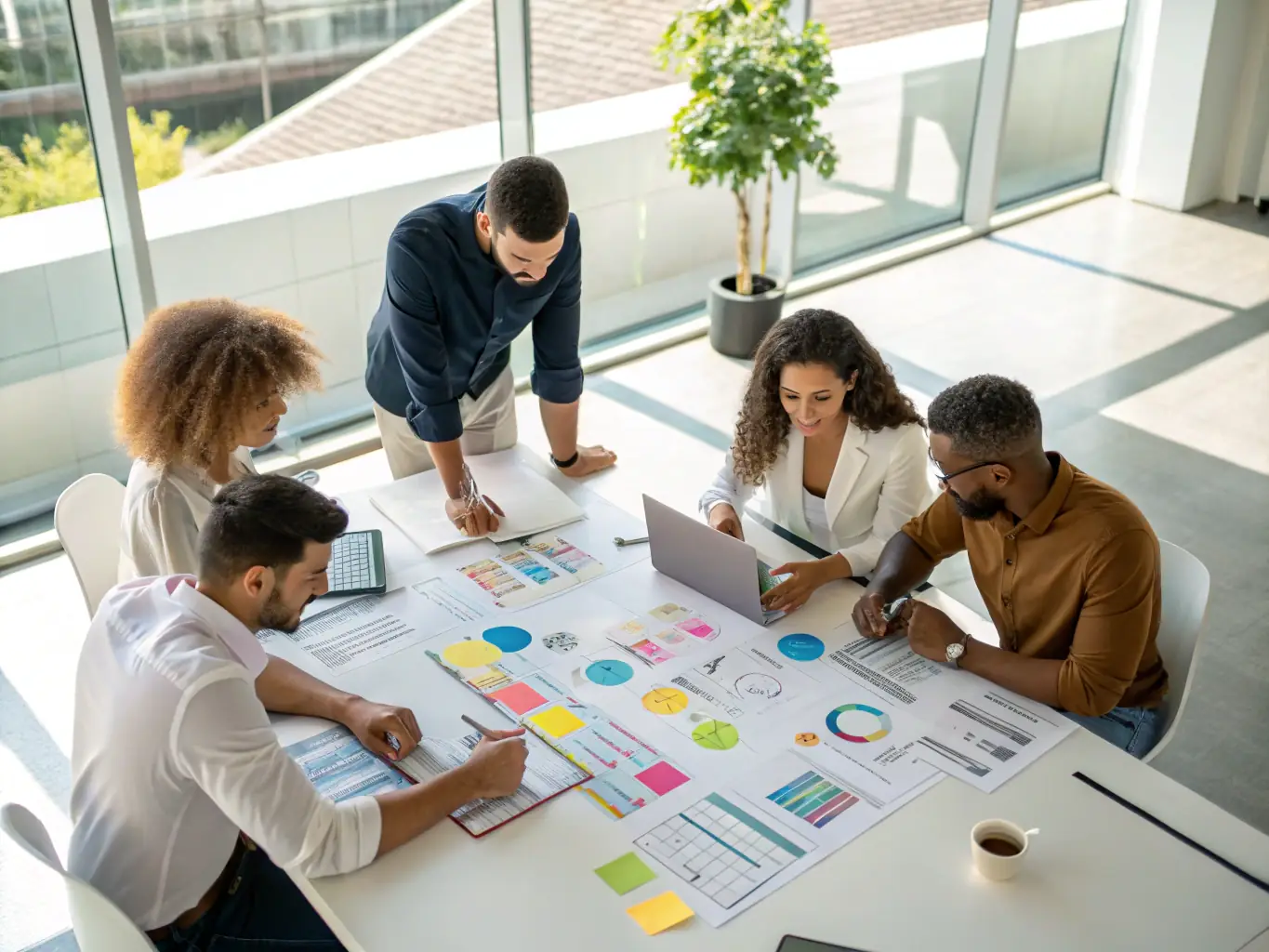 An image of a strategic planning session with diverse team members, highlighting teamwork and forward-thinking.